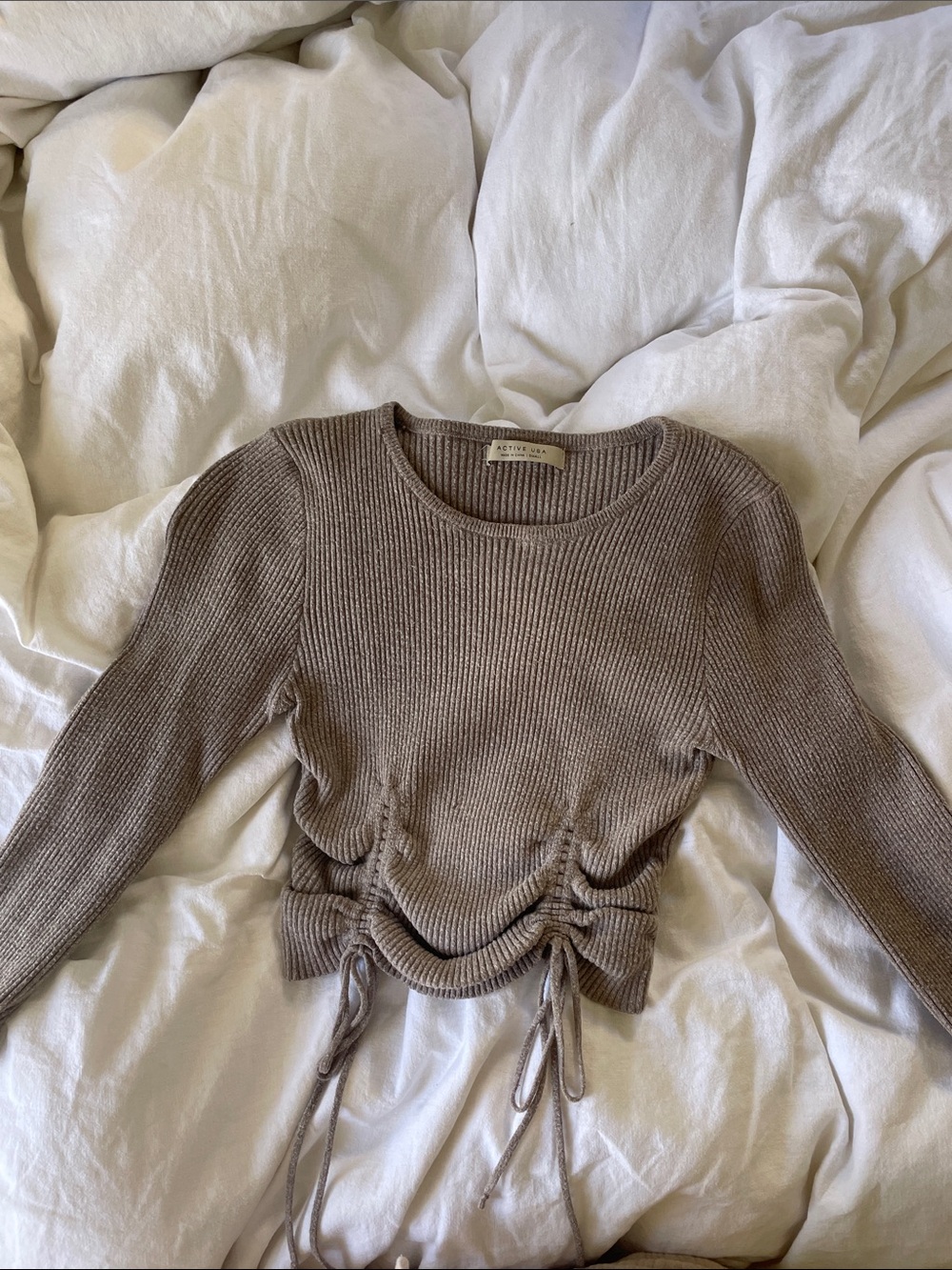 Active USA Taupe Ruched Drawstring Ribbed Sweater